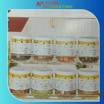 Série De 8 Pots a Épices Pour Cuisine en verre avec Support Doré